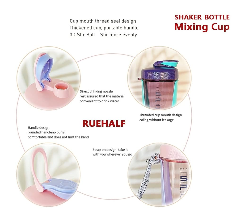 Ruehalf 600ML Blender Shaker Bottle With Whisk Ball BPA Free Plastic