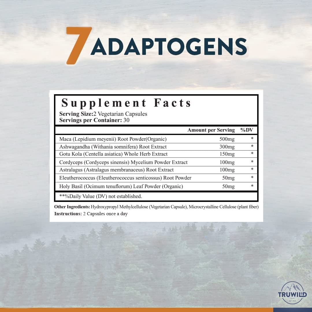 TruWild Adaptogens Vegan Capsule Supplement w/Ashwagandha + Maca