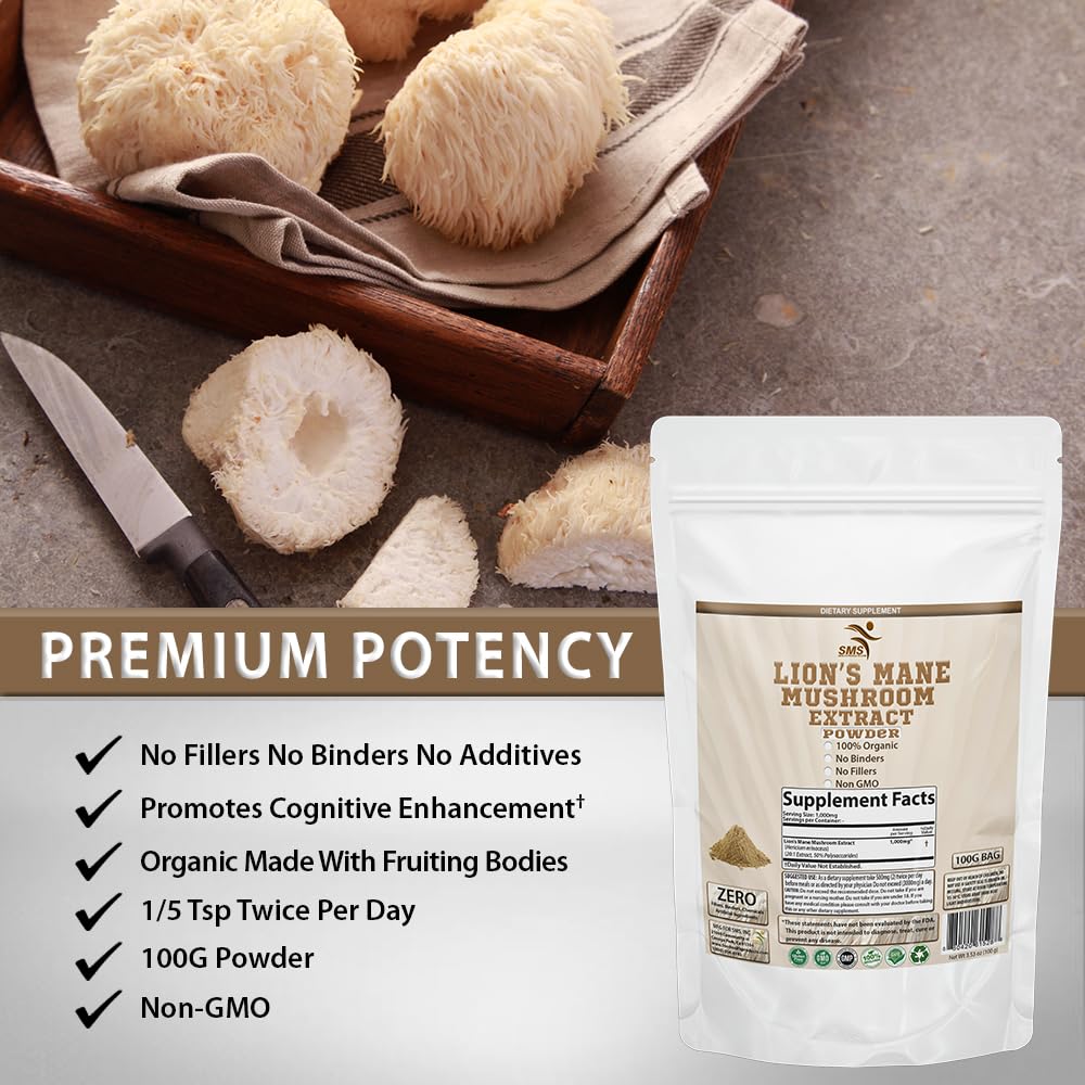 SMSHEALTHPRODUCTS.com Lion's Mane Mushroom Powder 50% Polysaccharides - 100G - image 2