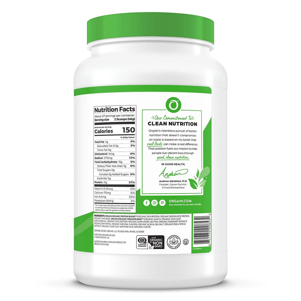 Orgain Organic Vegan 21g Protein Powder, Peppermint Hot Cocoa, 1.02 lb