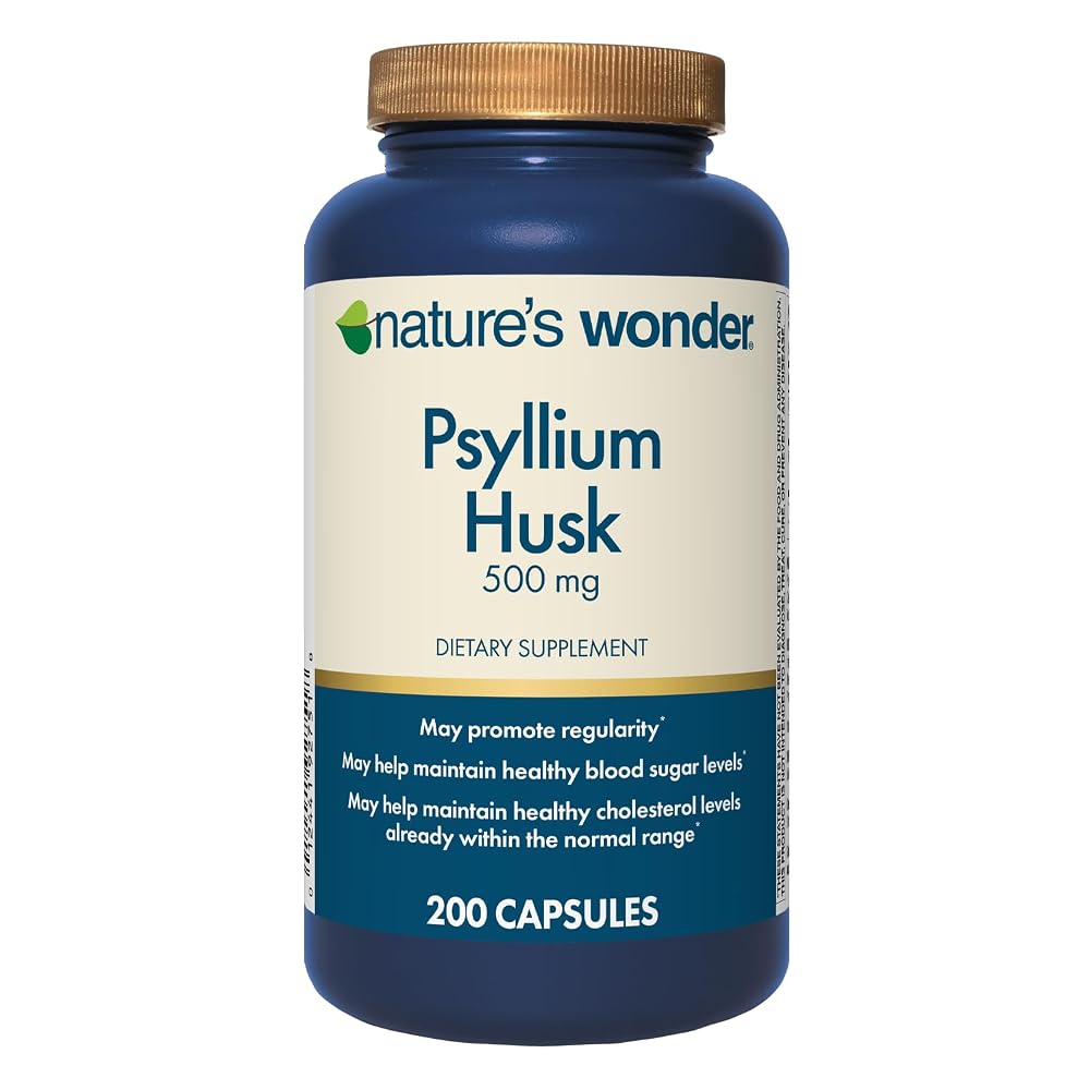 Nature's Wonder Psyllium Husk 500 mg Capsules for Digestive Health - 200 Count