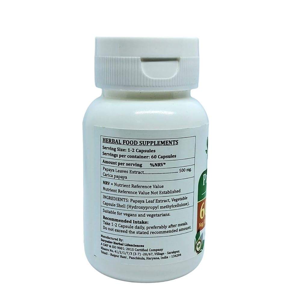 Satya Naturals Papaya Leaf Forte Capsules 500 mg. 60 Veg. Capsule