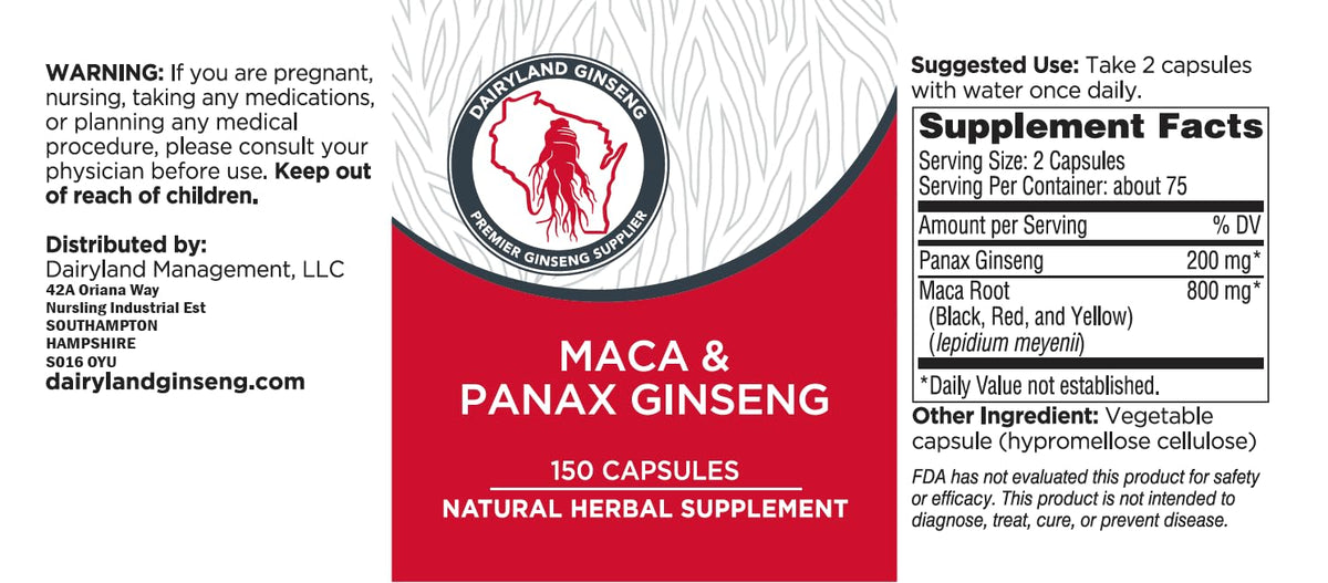 Dairyland Management Maca Root + Panax Ginseng Capsules - 150 Count - image 2