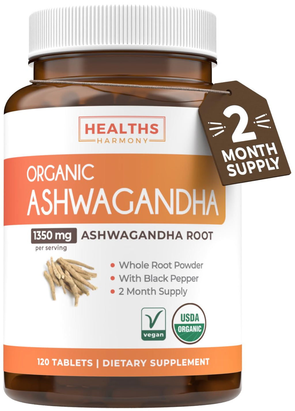 Healths Harmony Organic Ashwagandha Supplement - 120 Tablets