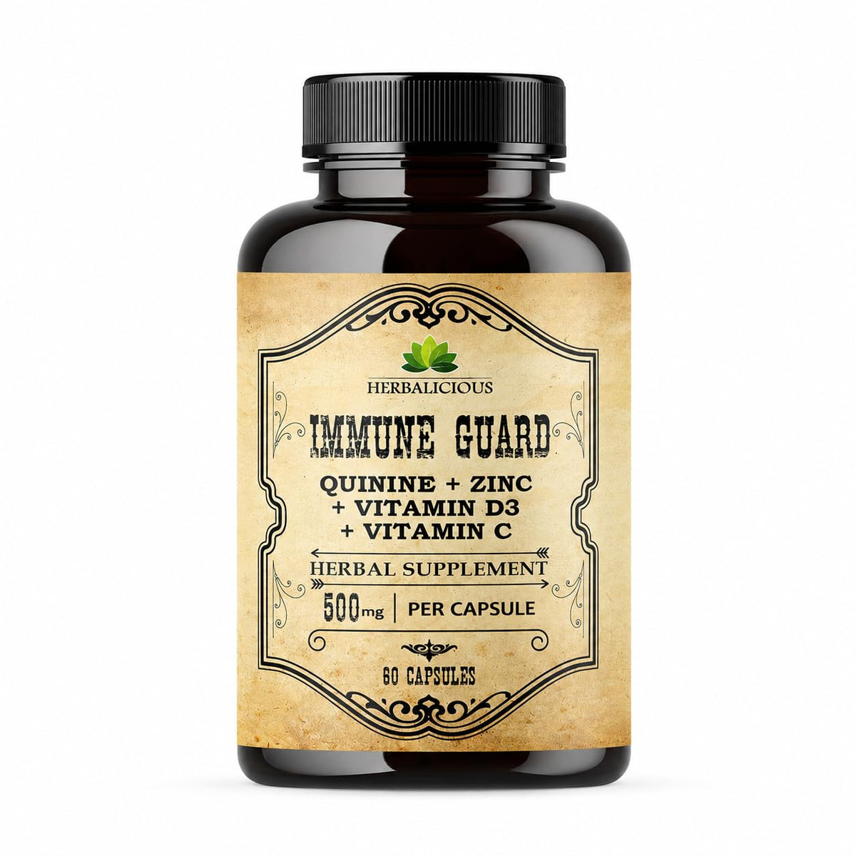HERBALICIOUS Quinine Capsules 500mg with Vitamin C, D3 & Zinc - 60 Capsules