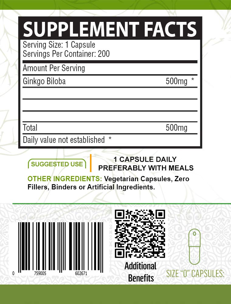 NutreeVit 100% Organic Ginkgo Biloba Capsules - Supports Brain Health
