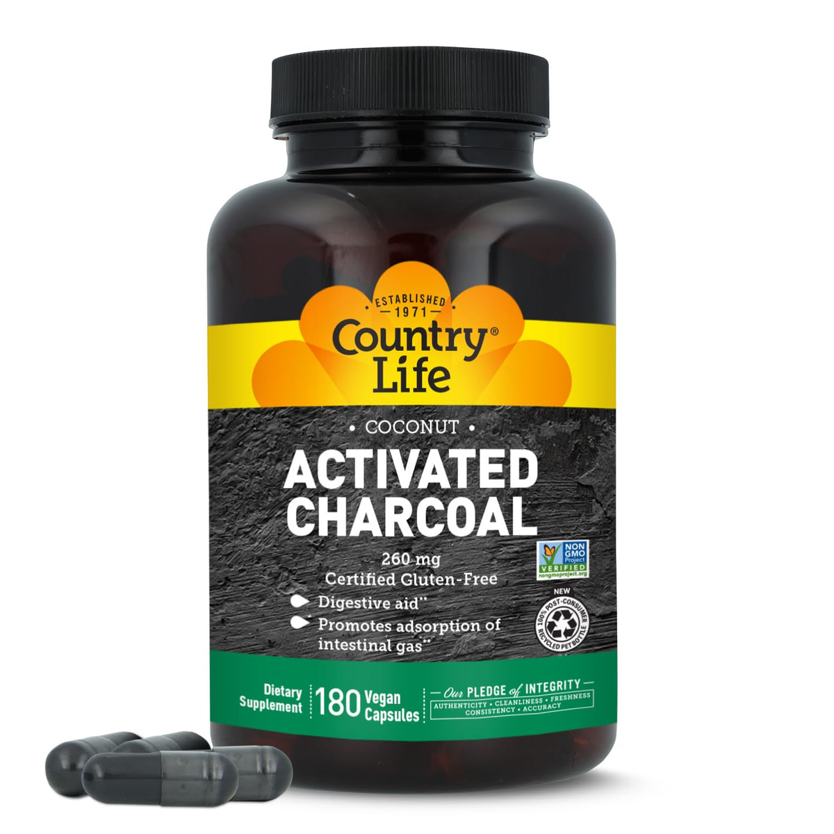 Country Life Coconut Activated Charcoal 260 mg - 180 Vegan Capsules