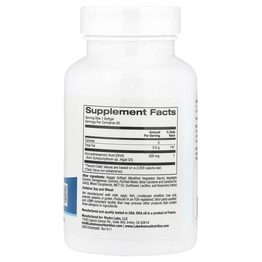 Lake Avenue Nutrition DHA from Marine Algae 200 mg - 60 Softgels - image 2