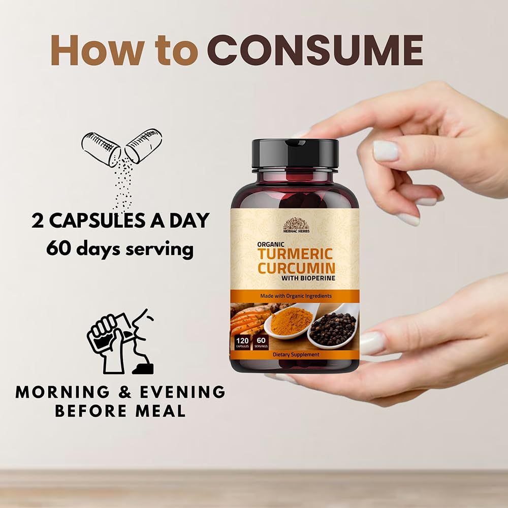 Hebhac Herbs Turmeric Curcumin with Black Pepper - 120 Capsules - image 3
