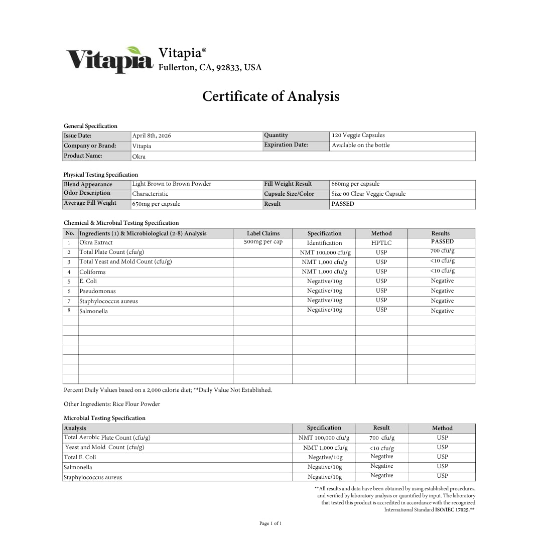Vitapia Okra Extract 10:1 Ratio - 120 Vegetarian Capsules - image 5