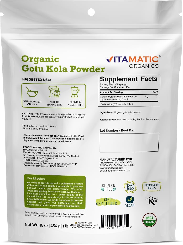 Vitamatic Certified USDA Organic Gotu Kola Powder - 16 Ounces - image 4