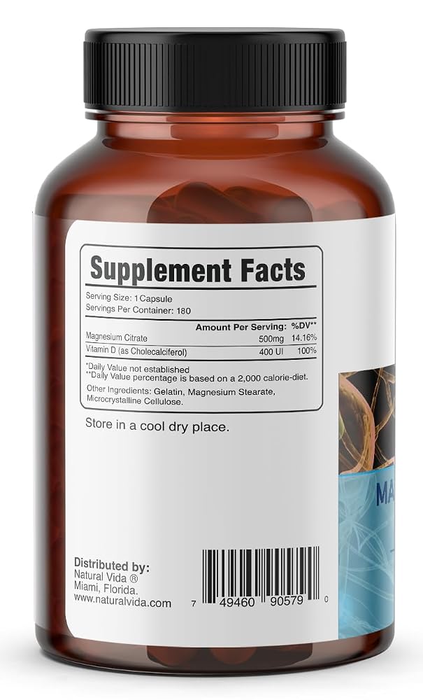 Natural Vida Magnesium Citrate 500mg + Vitamin D - 180 Capsules - image 2