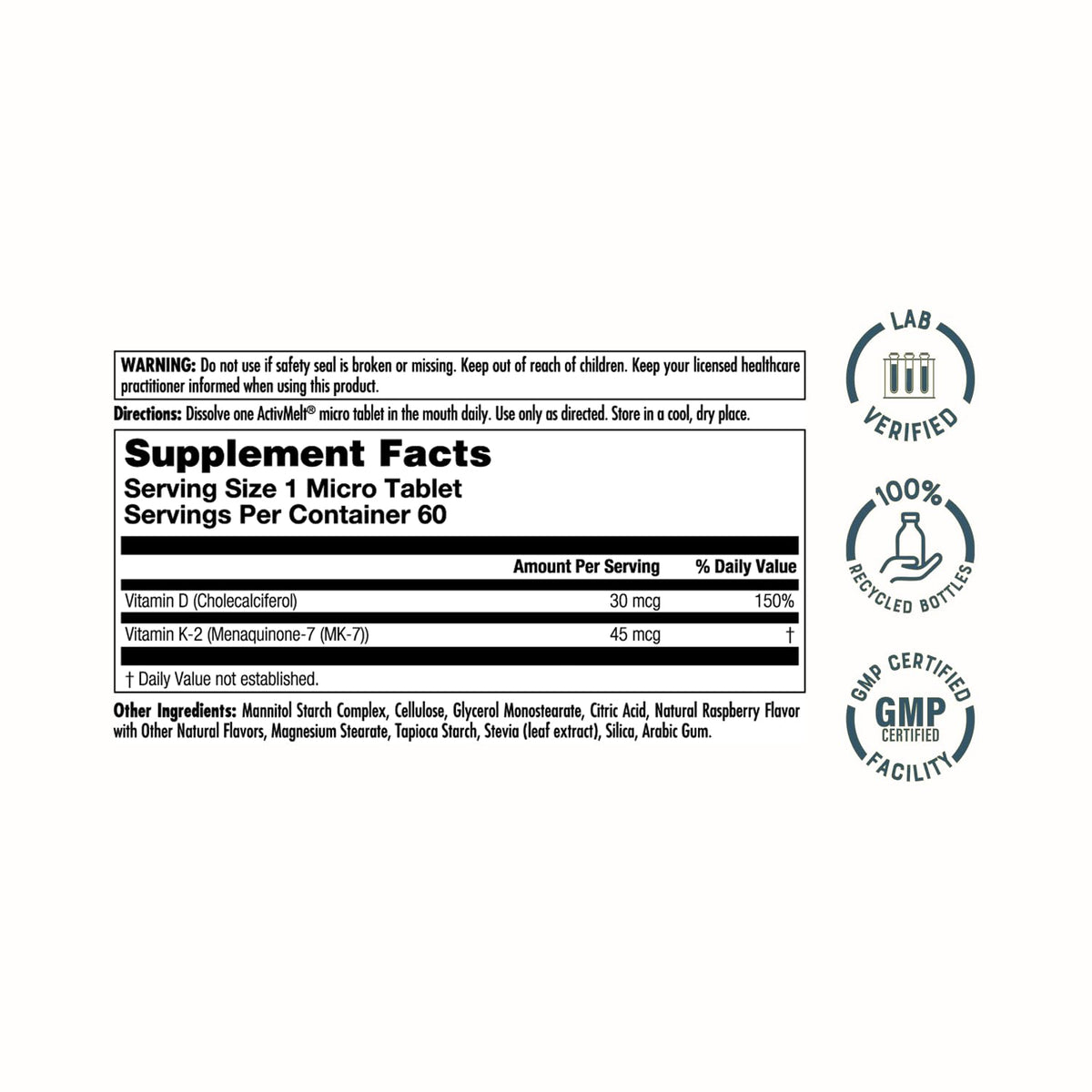 KAL D-3 K-2 Vitamin D3 K2 Supplement - 60 Tablets - image 2