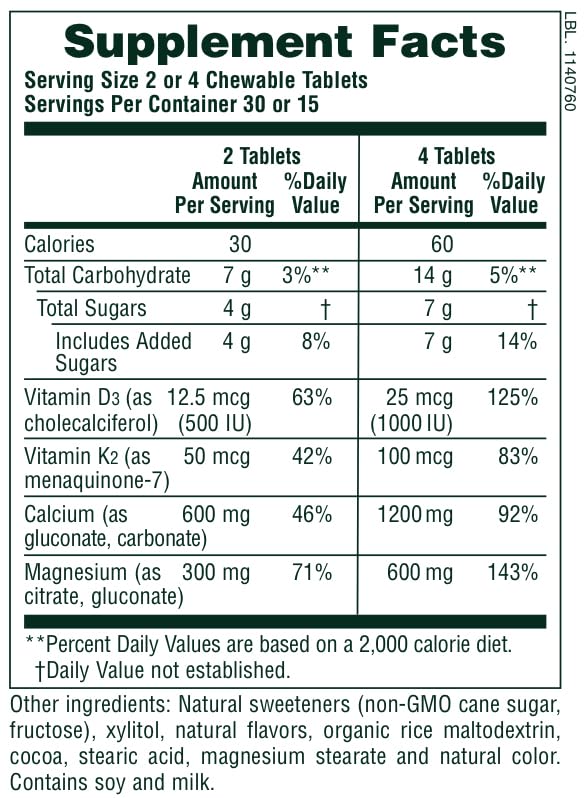 NaturesPlus Cal/Mag/VIT D3 with Vitamin K2-60 Chewable Tablets
