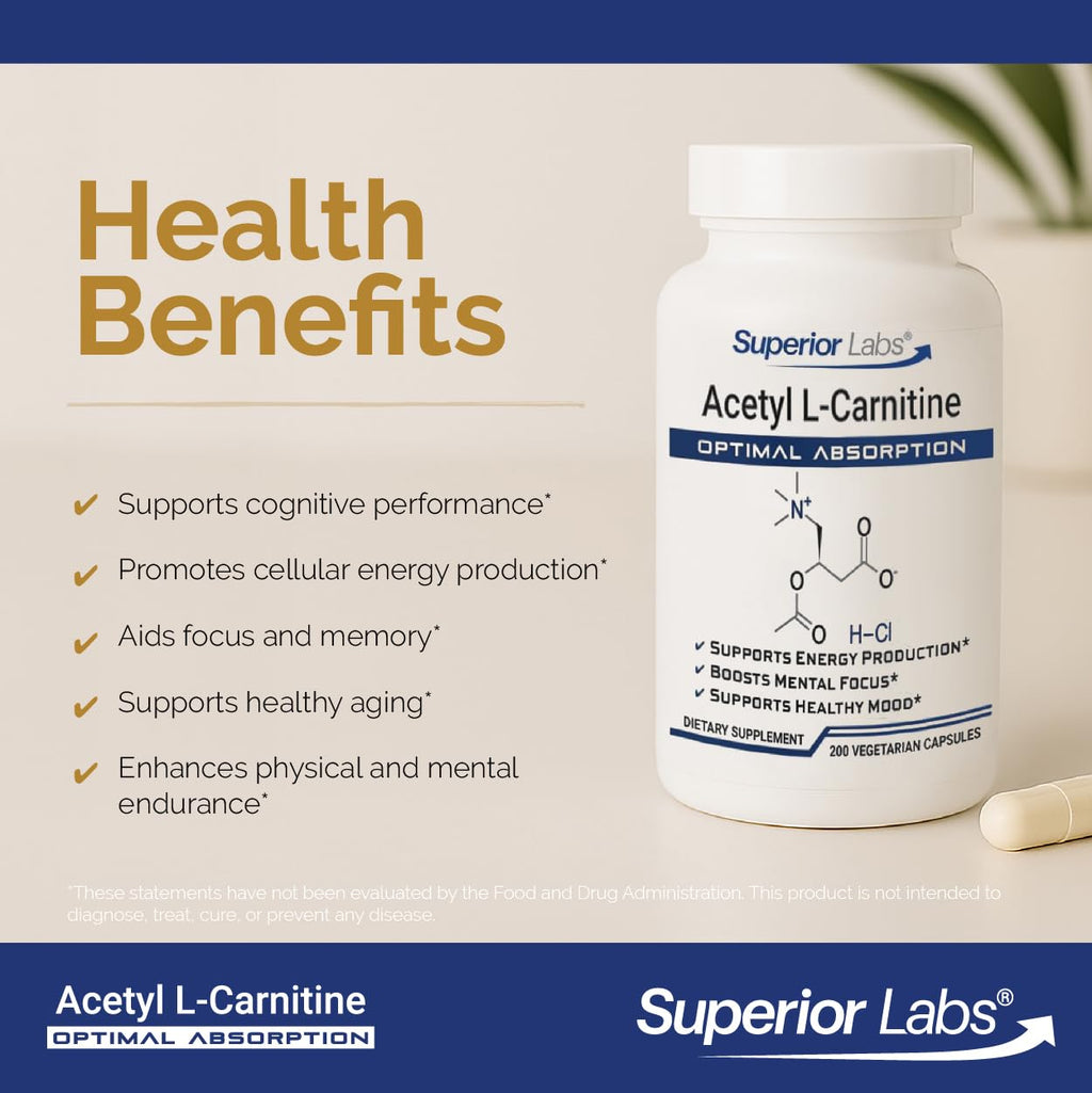 Superior Labs Acetyl L-Carnitine 500 mg Energy Support - 200 Vegetarian Capsules - image 3