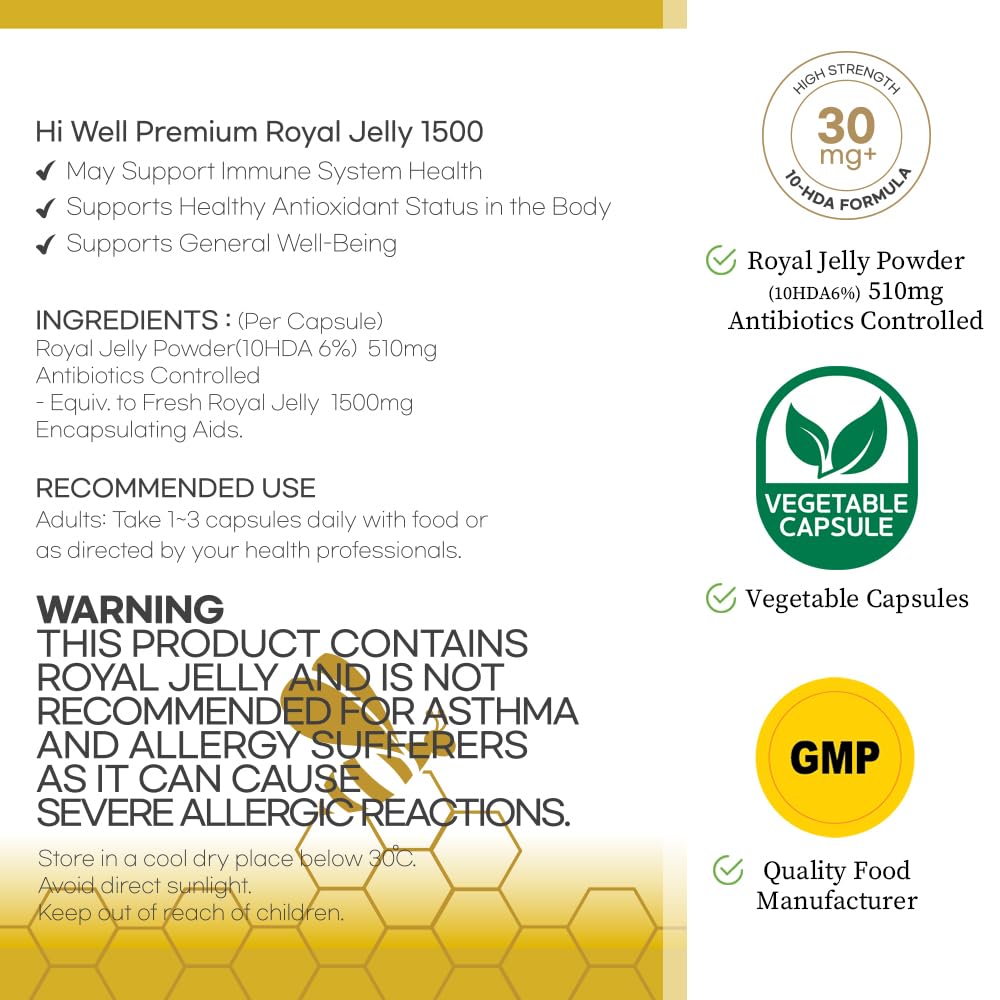 HI WELL Premium Royal Jelly 1500 - 300 Vegetarian Capsules - image 6