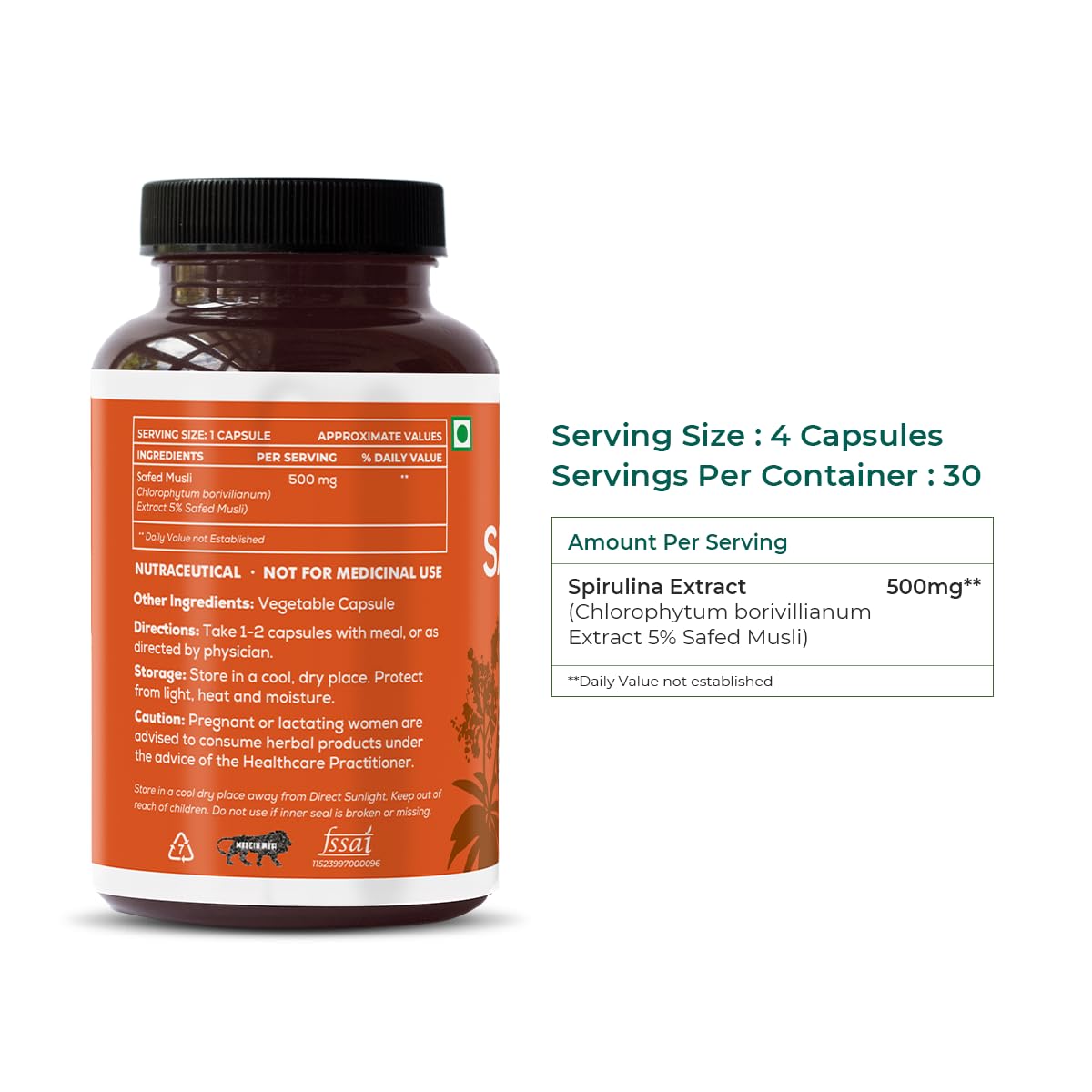 SAPTAMVEDA Natural Safed Musli 500mg - 60 Vegetarian Capsules - image 4