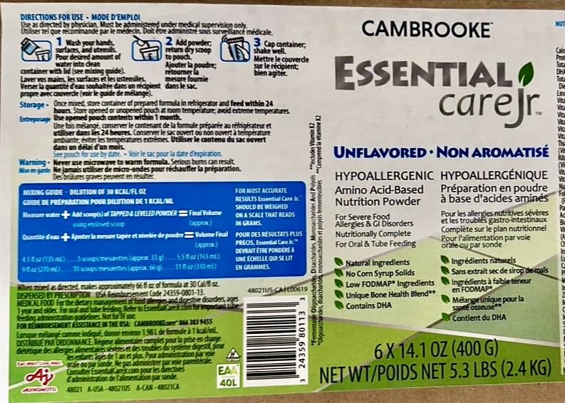 Cambrooke Essential Care JR Unflavored Hypoallergenic Amino