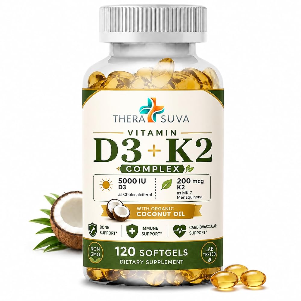TheraSuva Vitamin D3 + K2 with Organic Coconut Oil - 120 Softgels