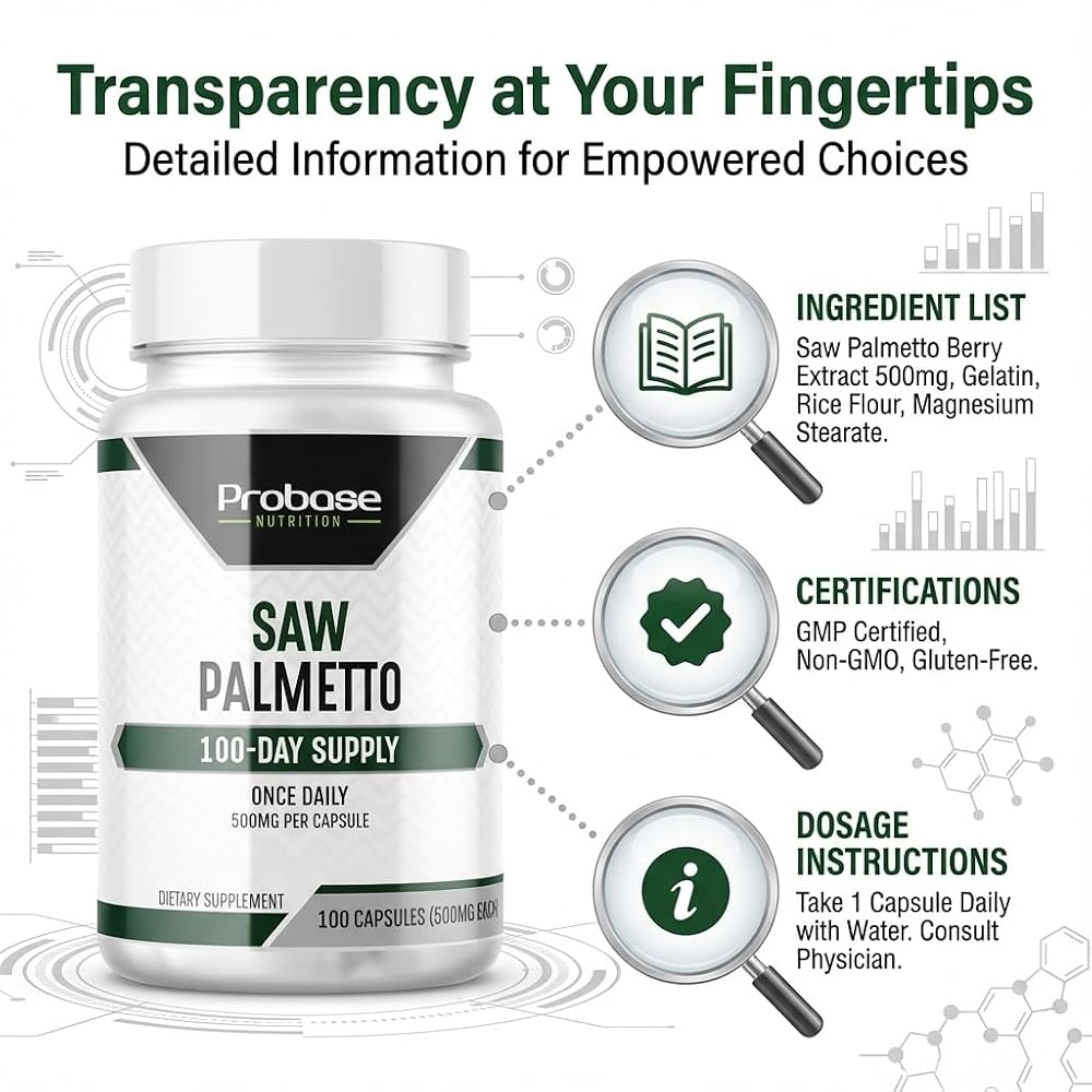Probase Nutrition Saw Palmetto 500mg Prostate Support - 100 Capsules - image 4