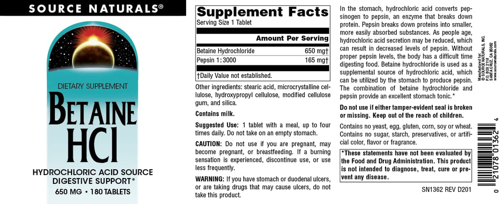 Source Naturals Betaine HCl 650 mg - 180 Tablets - image 4