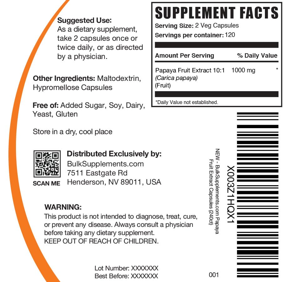 BulkSupplements Papaya Fruit Extract Capsules - 240 Count - image 2