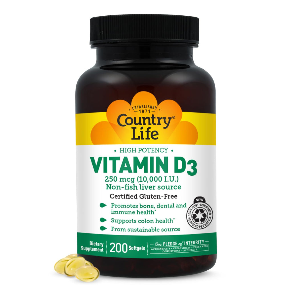 Country Life Vitamin D3 10,000 IU High Potency Non-Fish - 200 Softgels