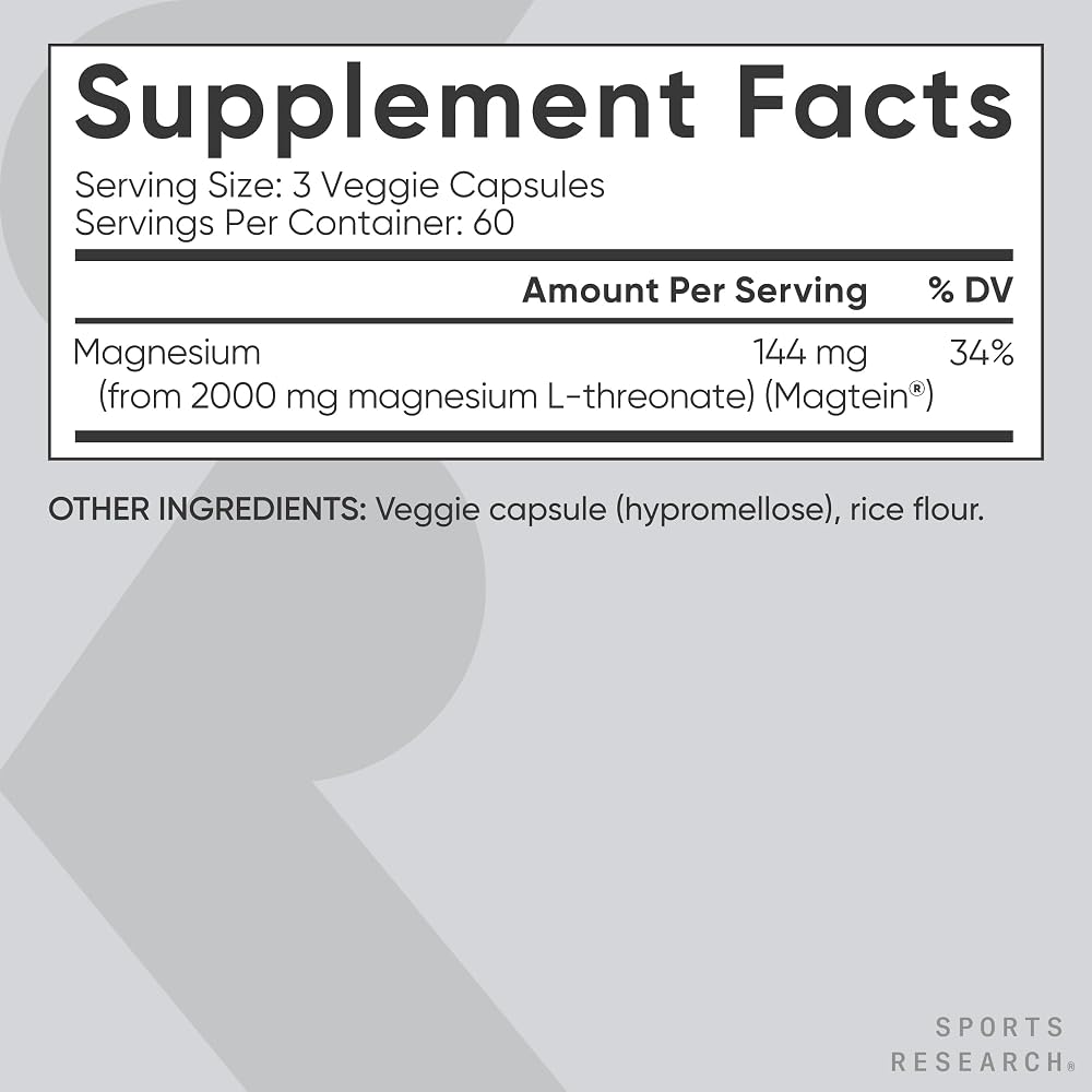 Sports Research Magnesium L-Threonate 2000mg with Magtein - 180 Capsules - image 5