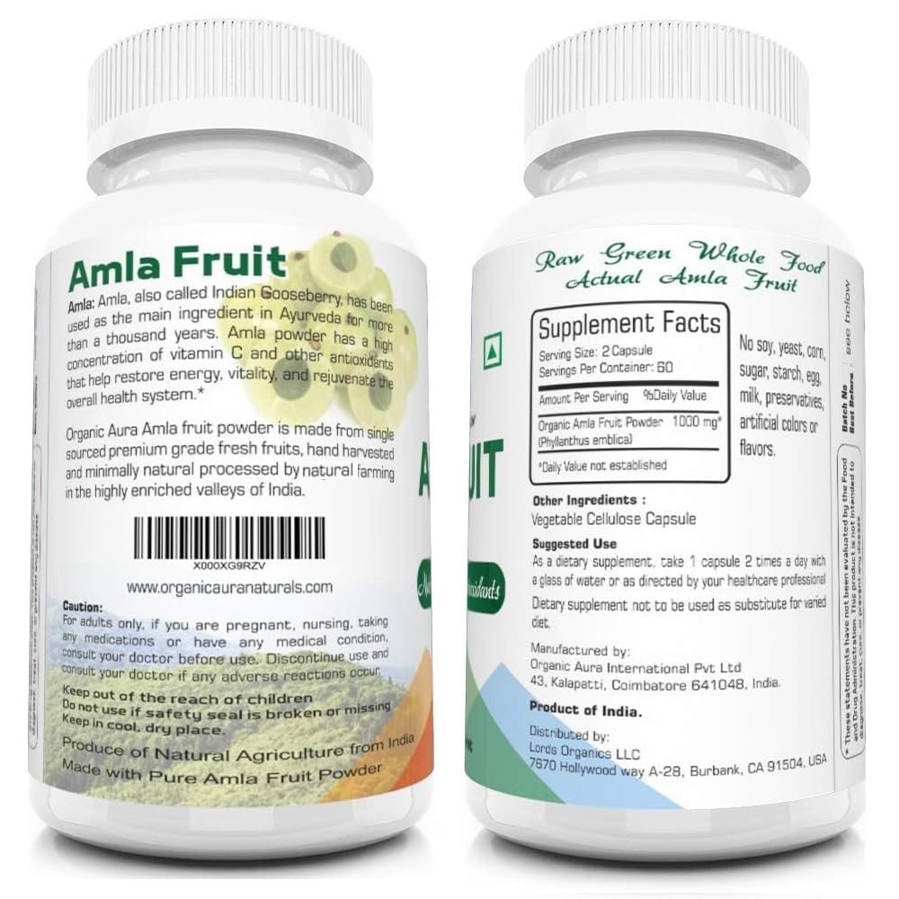 Organic Aura International Amla Capsules 1000mg - 120 Vegetarian Capsules - image 2