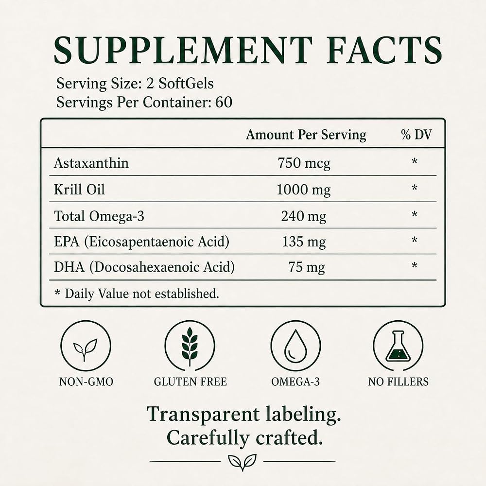 Green Organic Supplements Krill Oil + Astaxanthin 1000 mg - 60 Softgels - image 3