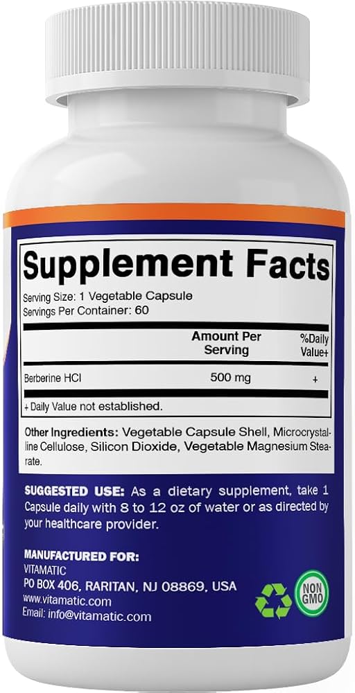 Vitamatic Berberine Supplement 500mg - 60 Vegetable Capsules - Made