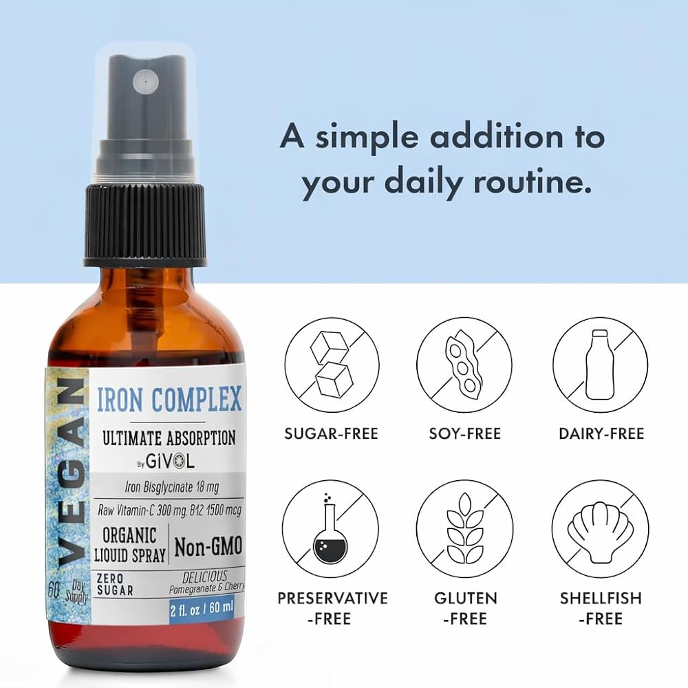 GIVOL Iron Bisglycinate Complex + Vitamin C + B12 Liquid Spray - 2 Fl Oz - image 4