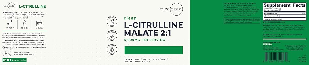 Type Zero Clean L-Citrulline Malate 2:1 Powder - 500g - image 5