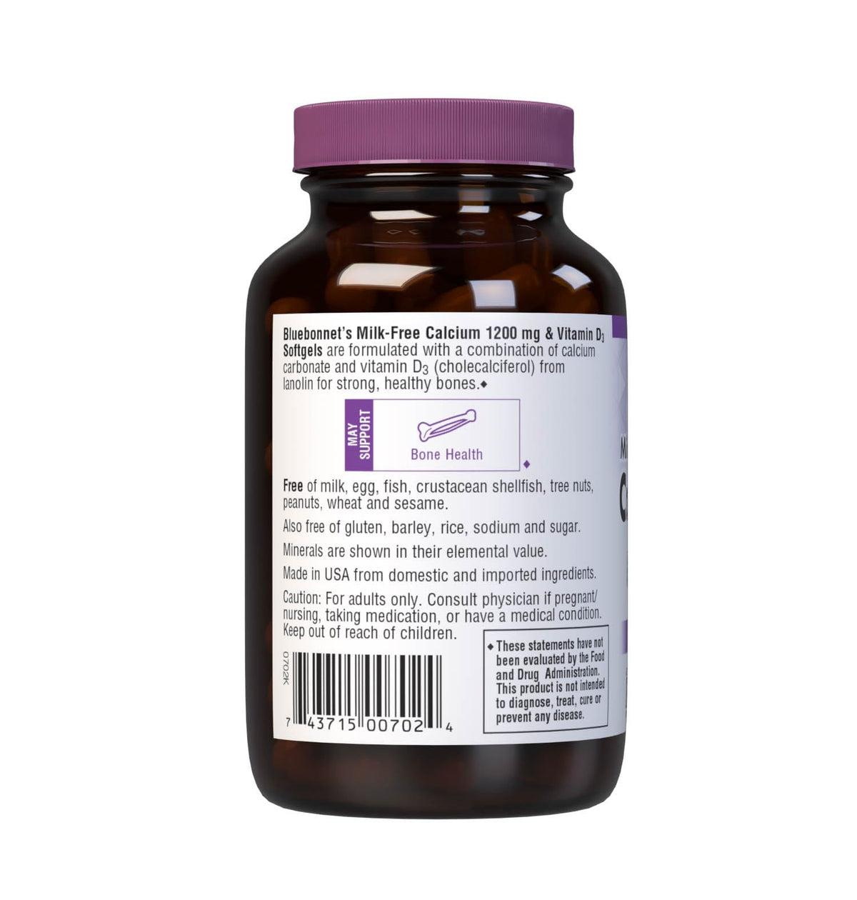 Bluebonnet Nutrition Milk-Free Calcium 1,200 mg Plus Vitamin D3 400 IU