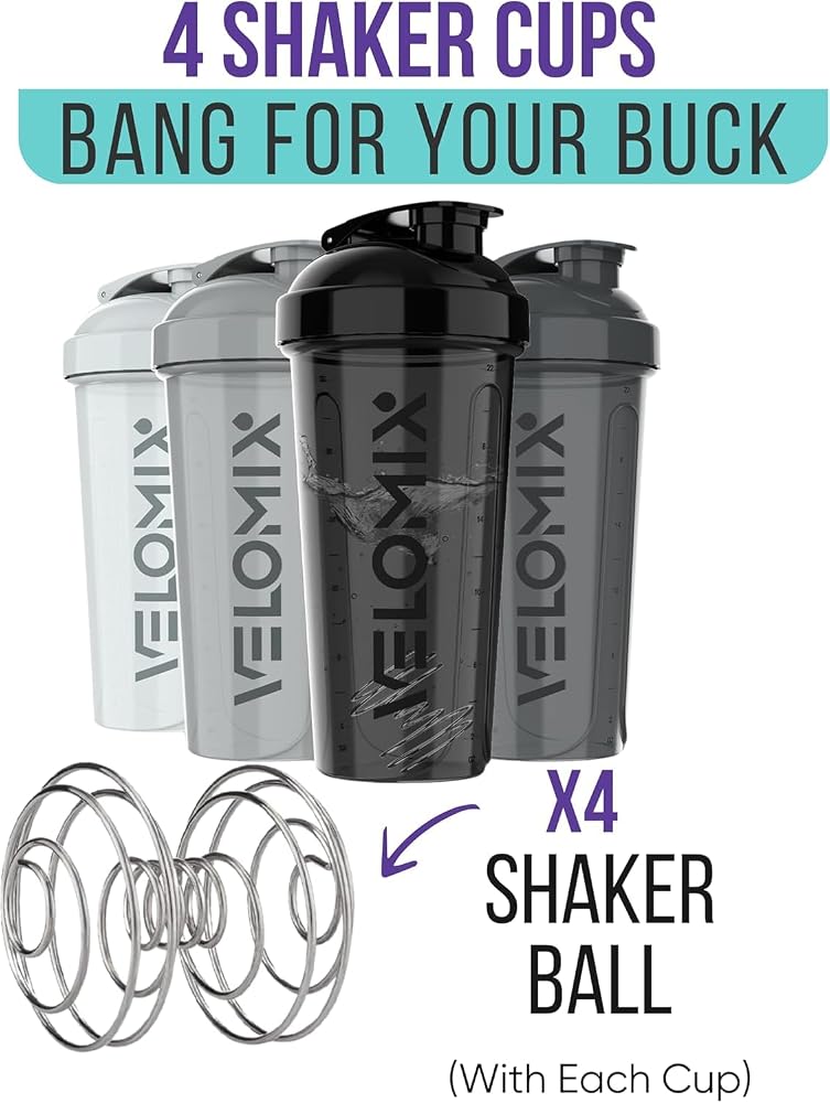 VELOMIX 4 Pack 28oz Protein Shaker Bottle for Protein Mixes