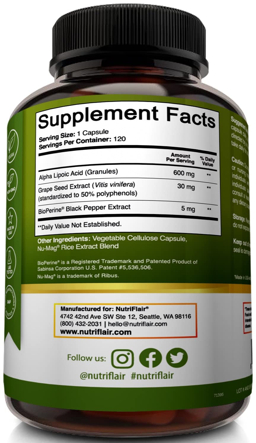 NutriFlair Alpha Lipoic Acid 600mg with Grape Seed & BioPerine - 120 Capsules - image 7