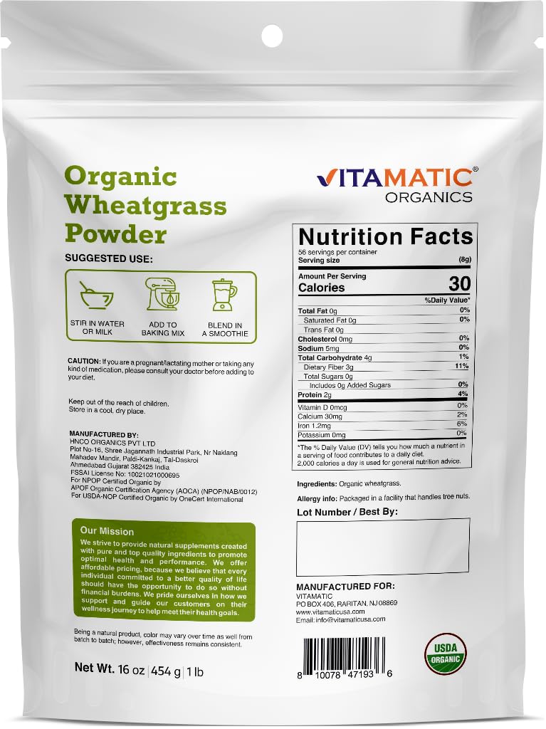 Vitamatic Certified Organic Wheatgrass Powder - 1 Pound - image 3