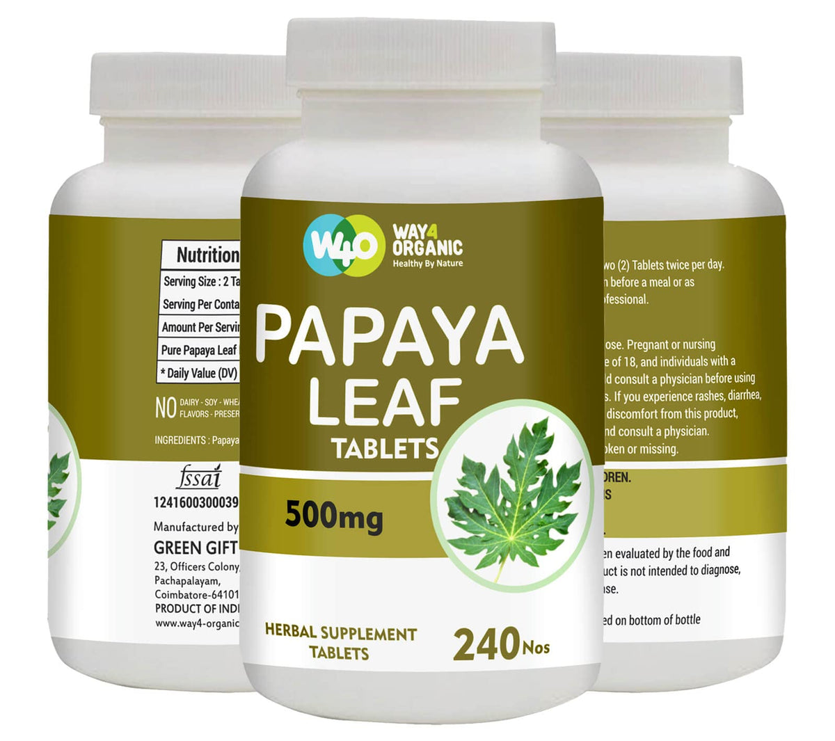 WAY 4 ORGANIC W4O Papaya Leaf Extract Capsules (Tablets) - 500 mg 240