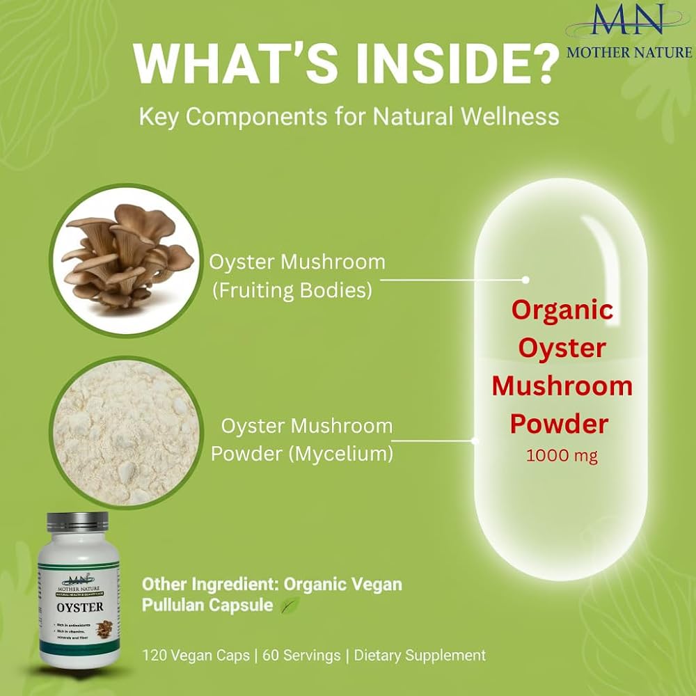 Mother Nature Oyster Mushroom Capsules 1000mg Immune Support - 120 Vegan Caps - image 2