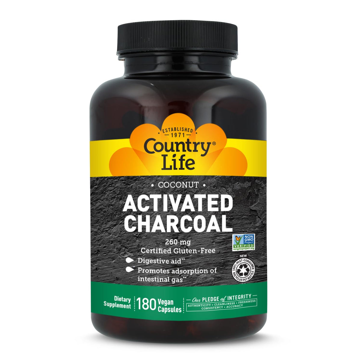 Country Life Coconut Activated Charcoal 260 mg - 180 Vegan Capsules - image 2