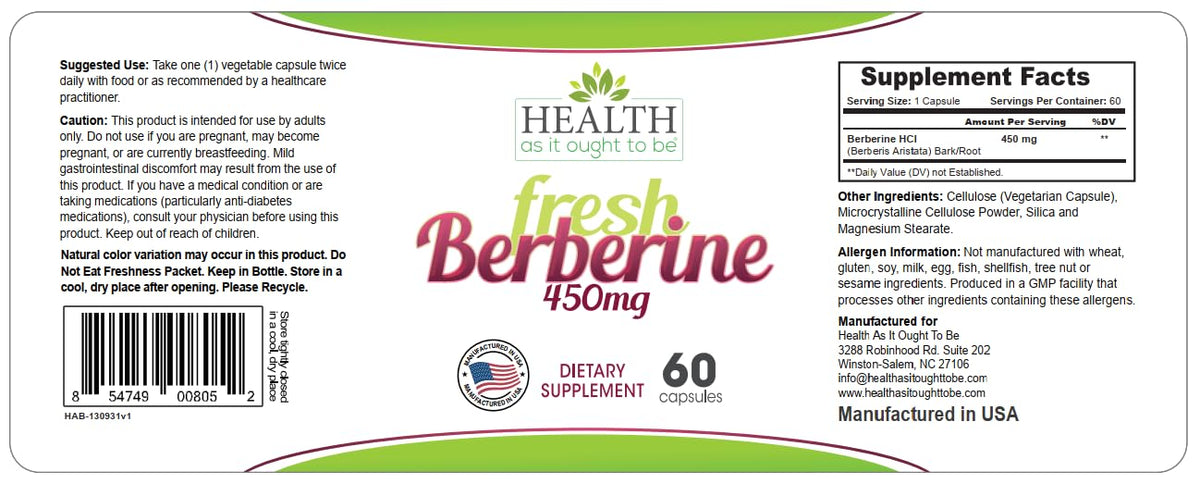 Health As It Ought To Be Berberine 450mg Metabolic Support - 60 Capsules - image 3