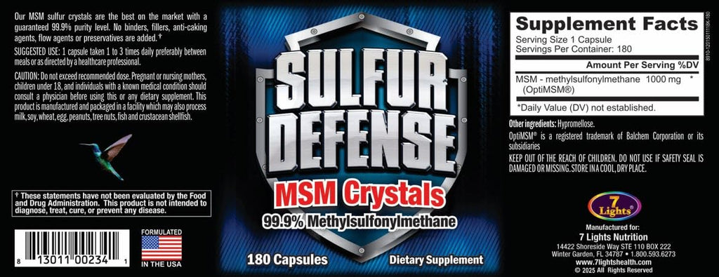 7 Lights Sulfur Defense Opti-MSM 99.9% Pure MSM Powder - 180 Capsules - image 2
