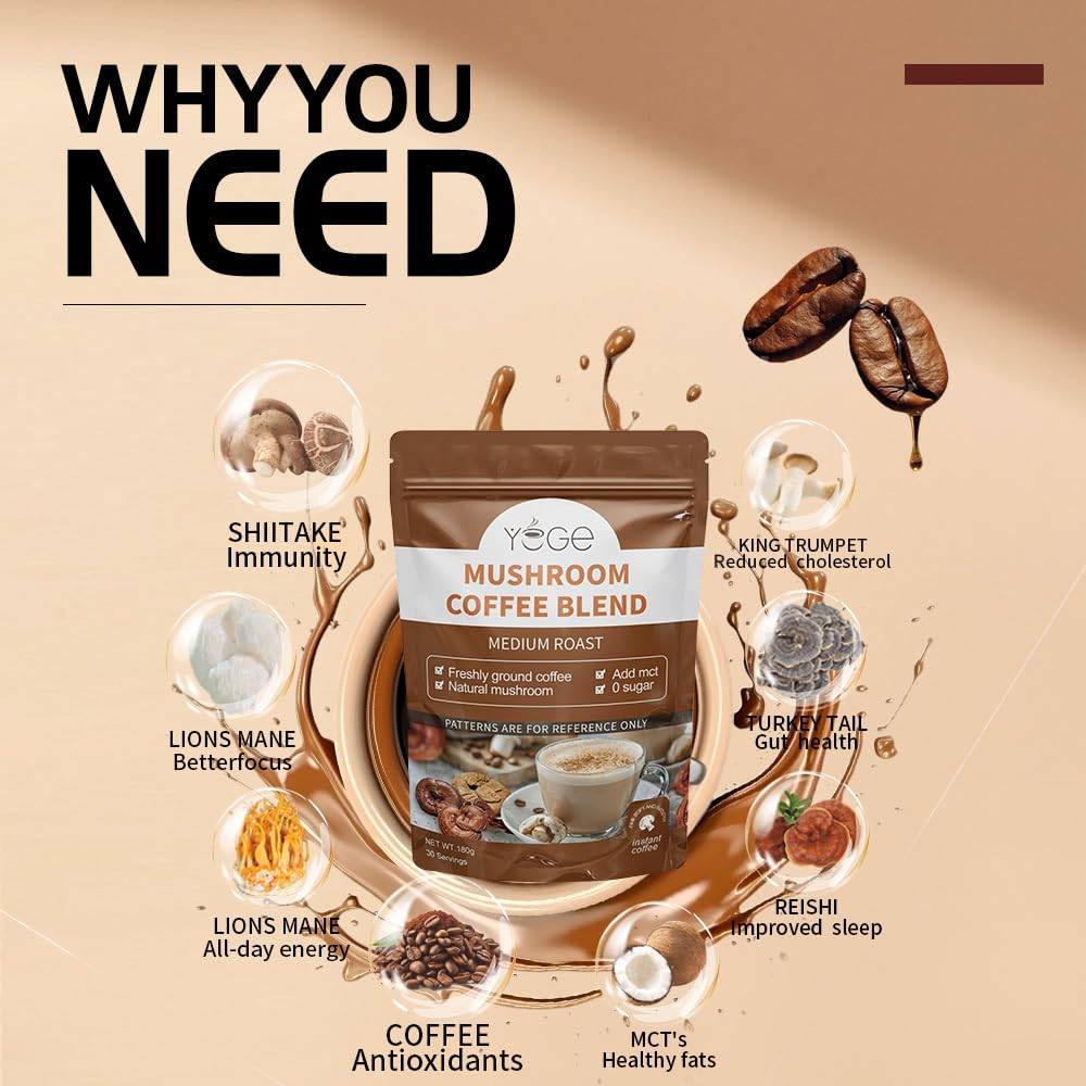 YEGE Mushroom Coffee 6 Adaptogenic Mushrooms for Focus - 30 Servings - image 3