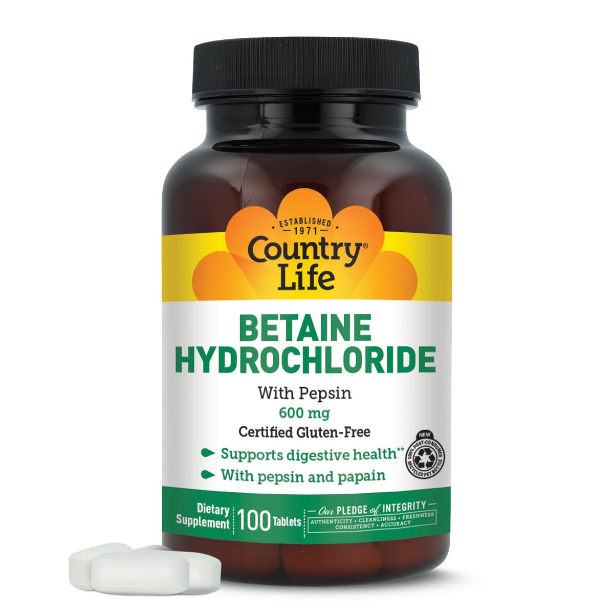 Country Life Betaine Hydrochloride with Pepsin 600mg - 100 Tablets