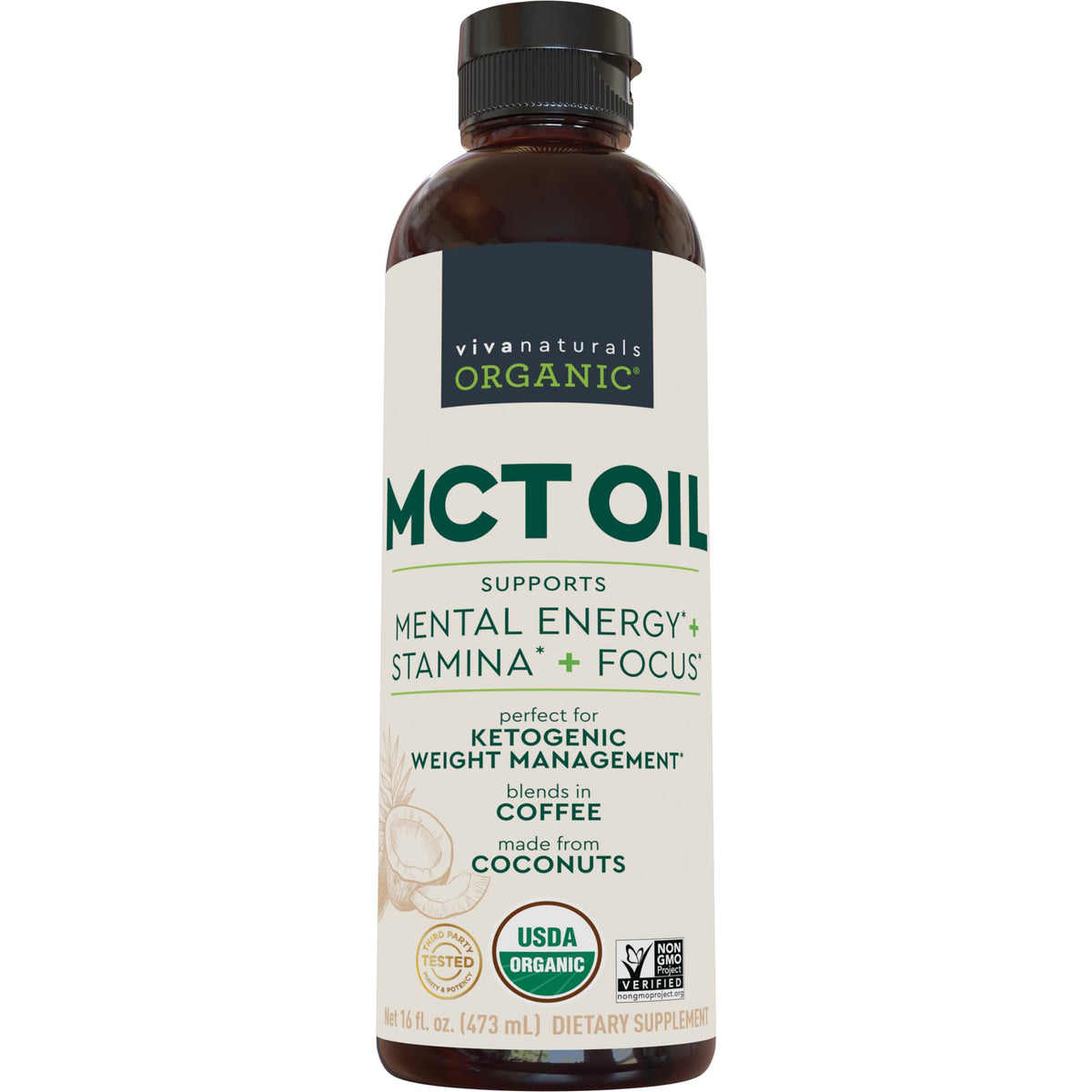 Viva Naturals Organic MCT Oil for Energy & Mental Clarity - 16 fl oz