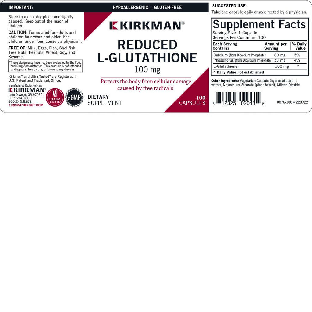 Kirkman Reduced L-Glutathione 100 mg - 100 Vegetarian Capsules - image 3