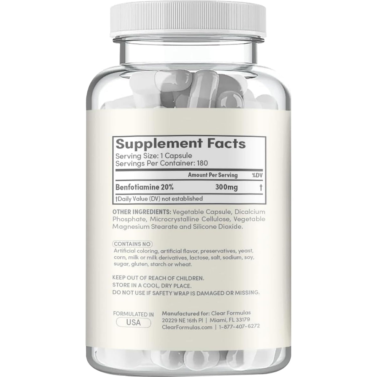 Clear Formulas Benfotiamine 300mg Vitamin B1 - 180 Capsules - image 3
