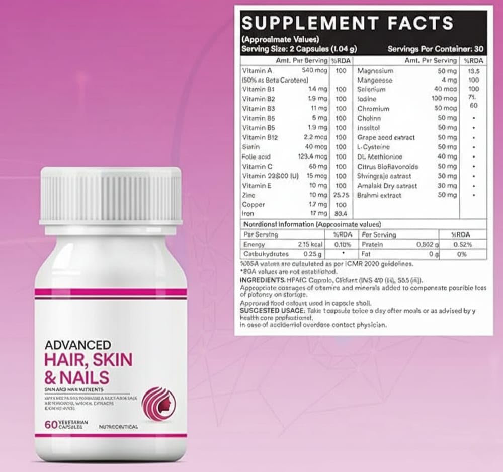 Generic Biotin Advanced Hair Skin & Nails Supplement - 60 Vegetarian Capsules - image 3