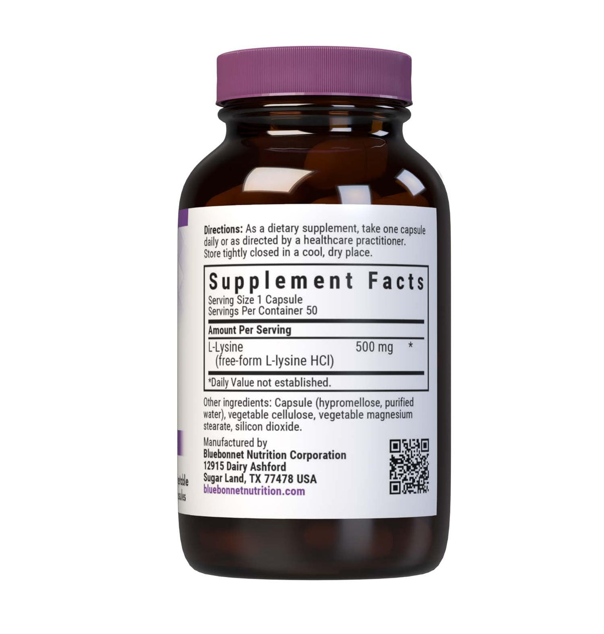 BlueBonnet L-Lysine 500 mg Vegetarian Capsules - 50 Count - image 2