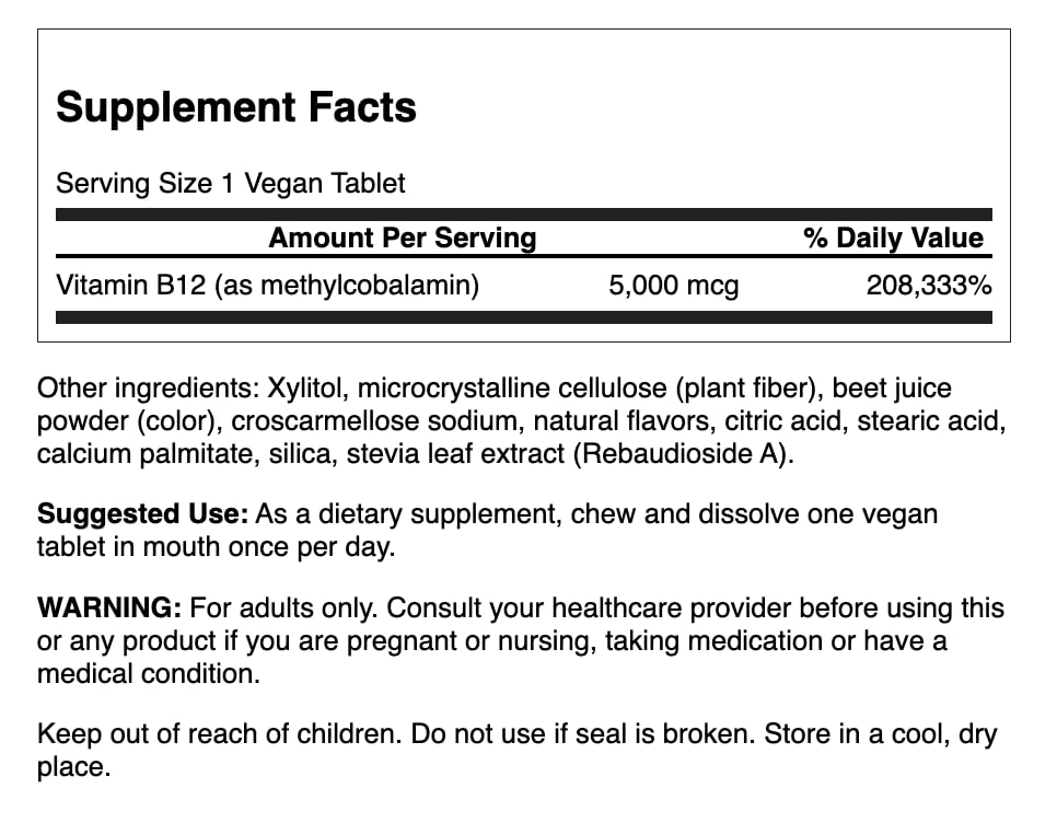 Swanson Vitamin B-12 Methylcobalamin 5000 mcg - 60 Tablets - image 3
